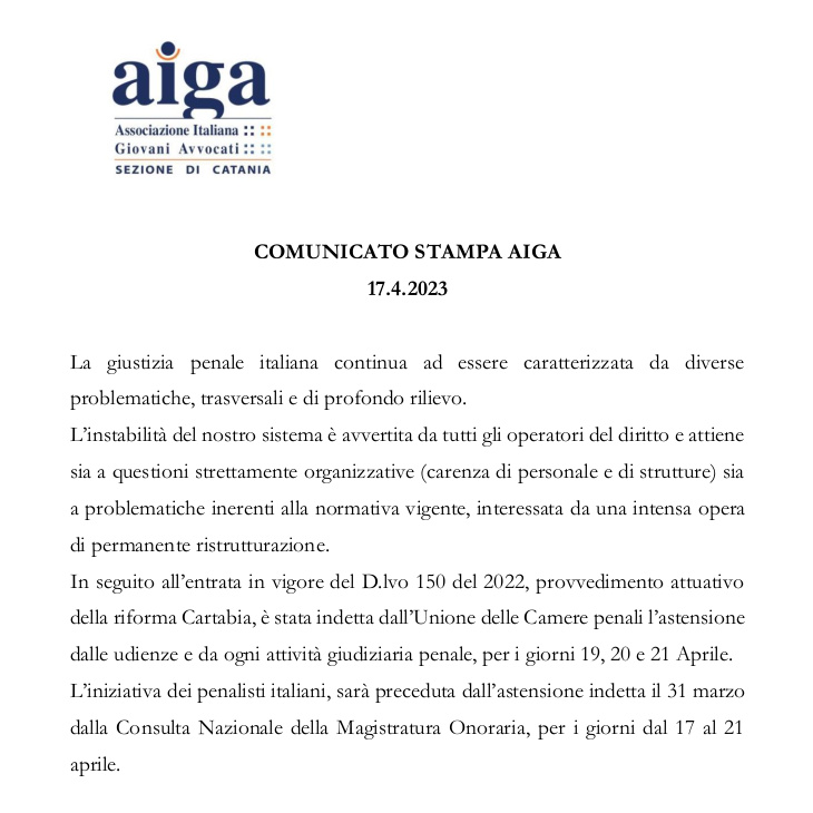 COMUNICATO STAMPA  AIGA DEL 17.04.2023